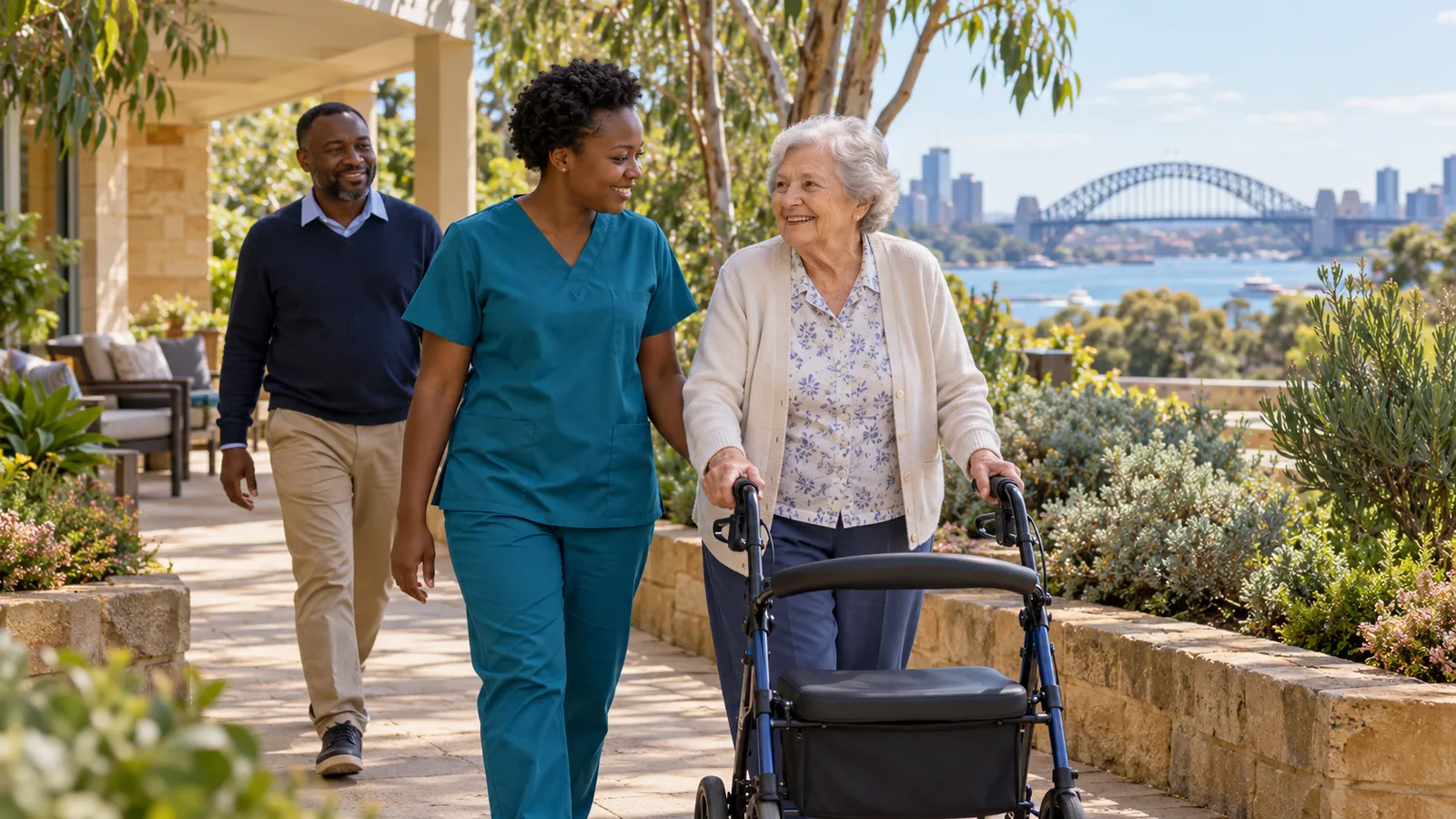 A care worker walks beside an older woman using a walker in a sunny garden overlooking Sydney Harbour.