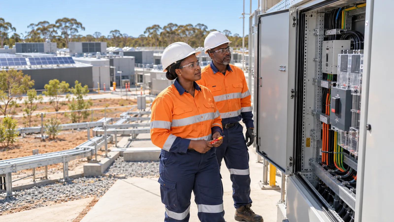 Two technicians in orange safety gear inspect an electrical cabinet at a sunlit Australian data centre.