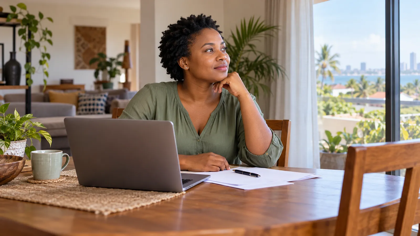 A Tanzanian woman sits beside a laptop and papers, gazing through the window of her sunlit home.