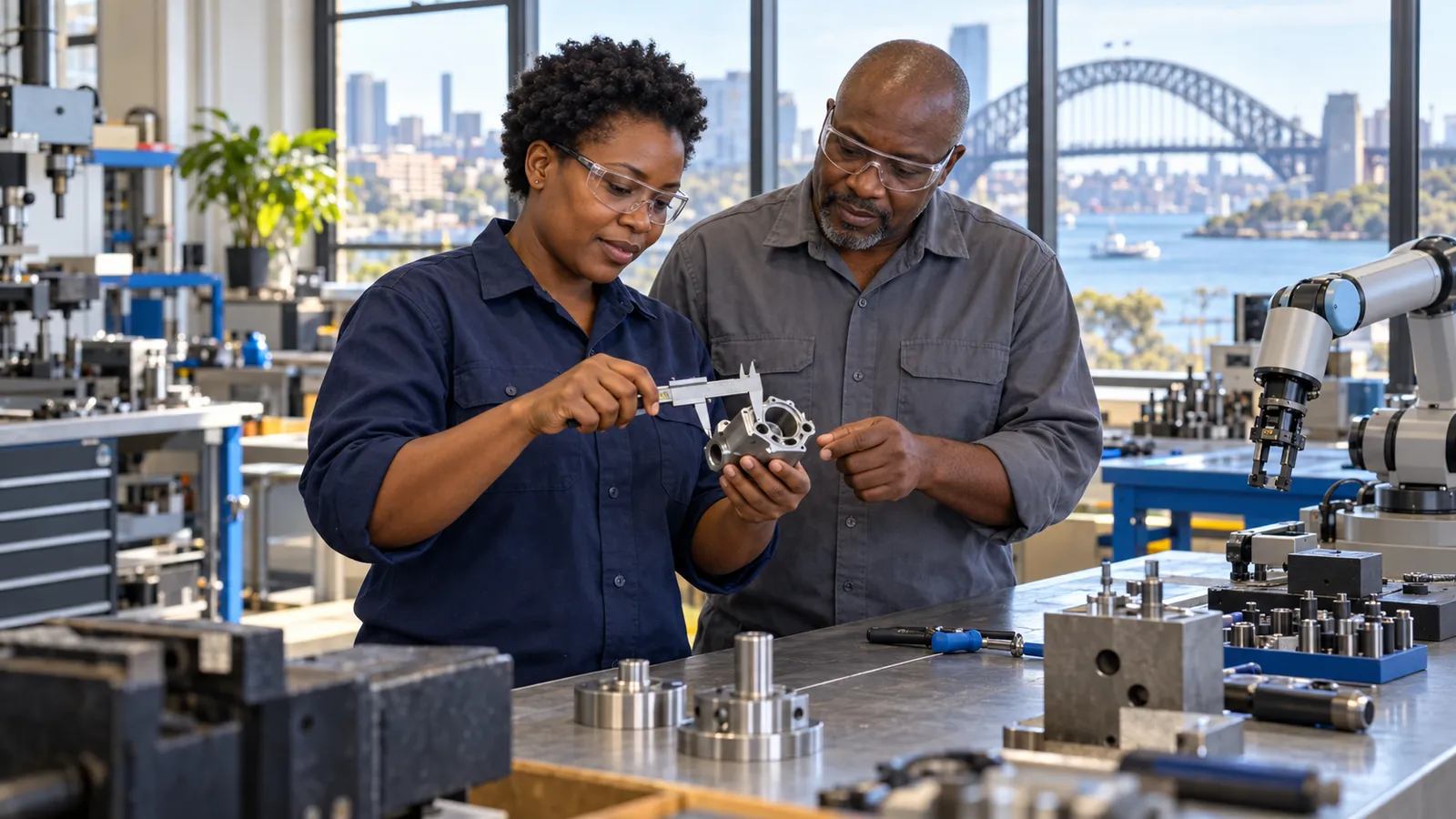 Two Tanzanian engineers inspect a metal component beside a robotic arm in a sunlit Sydney workshop.