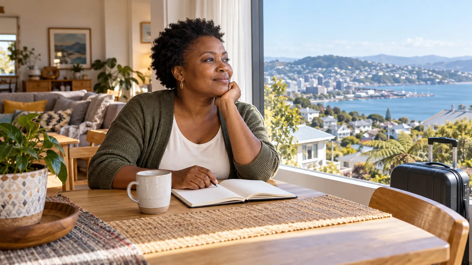 A Tanzanian woman sits with a notebook beside a sunny window overlooking Wellington harbour, with a suitcase nearby.