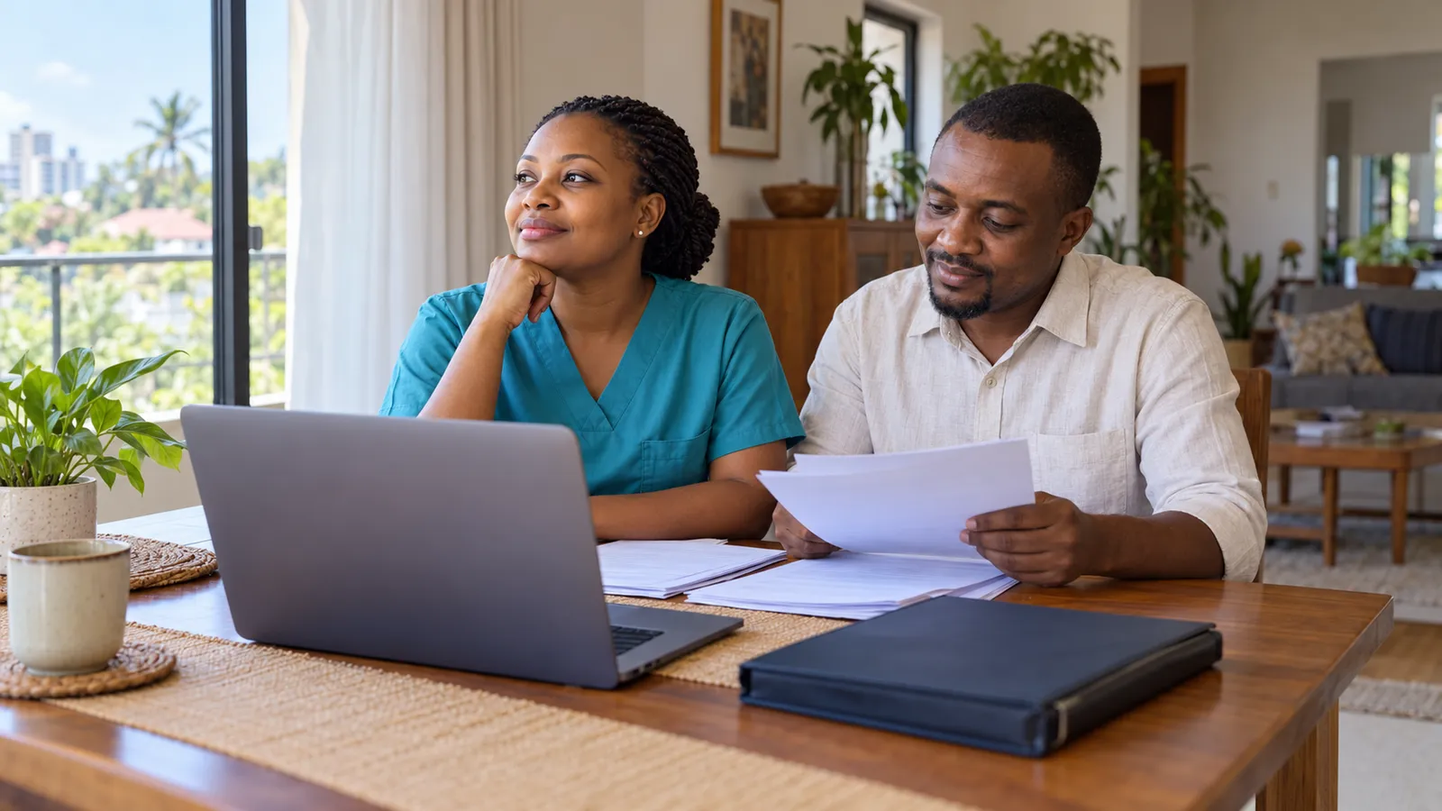 A Tanzanian nurse gazes toward a sunny window as her partner reviews paperwork beside a laptop at home.