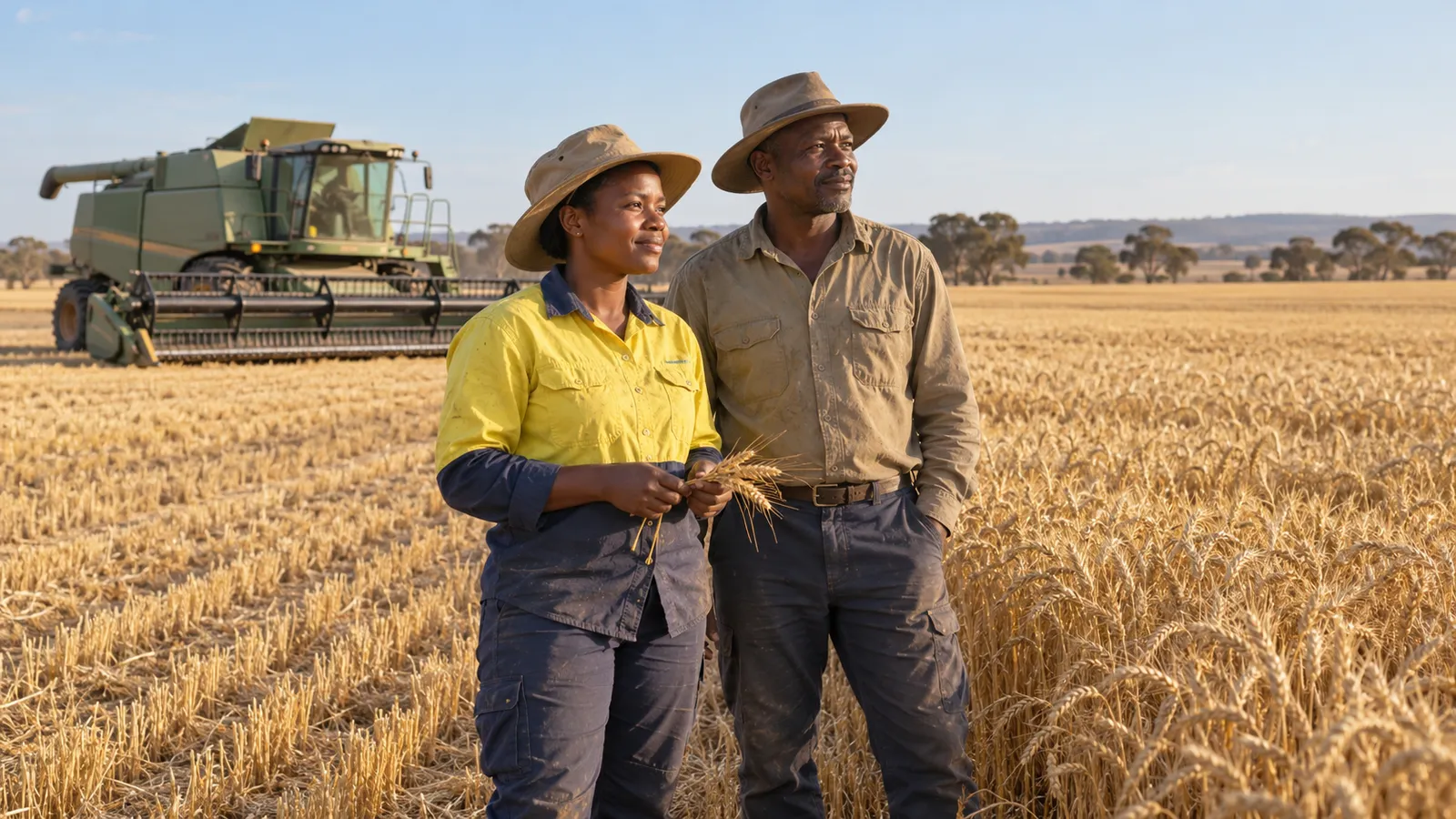 Two farm workers stand in a golden Australian wheat field with a combine harvester behind them.