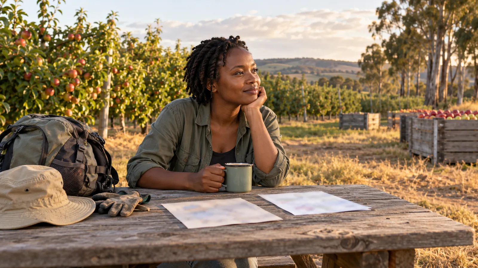 A Tanzanian backpacker sits with a mug and travel papers at a wooden table in a sunlit Australian orchard.