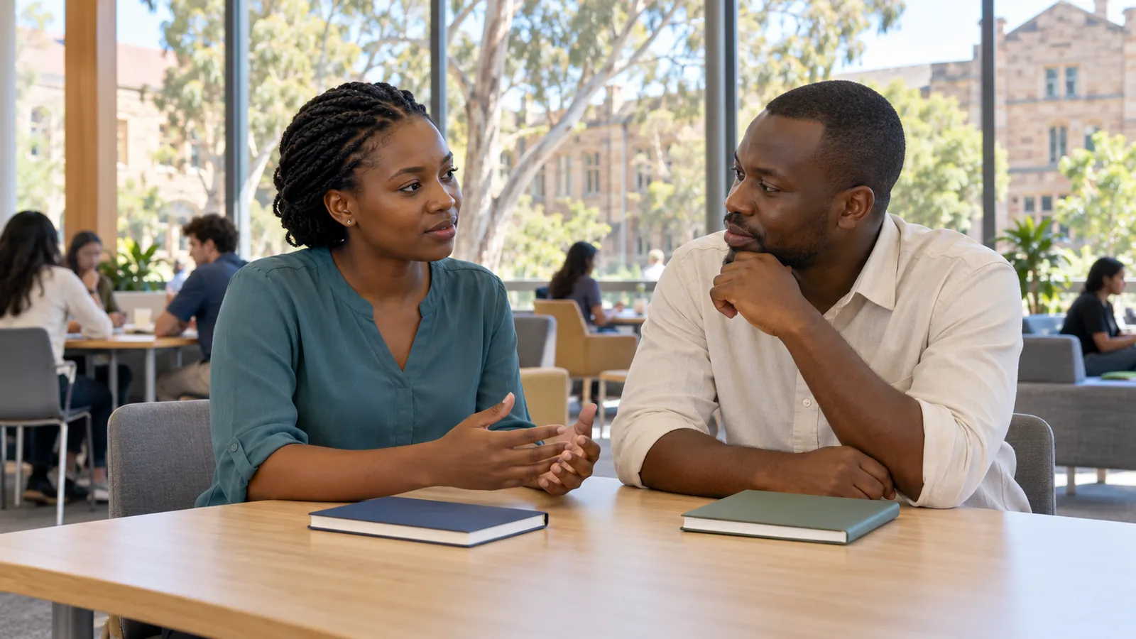 Two Tanzanian students talk across a study table in a sunlit Australian campus learning space.