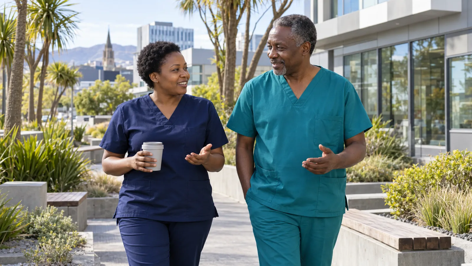 Two Tanzanian healthcare workers in scrubs chat while walking through a sunny New Zealand hospital courtyard.
