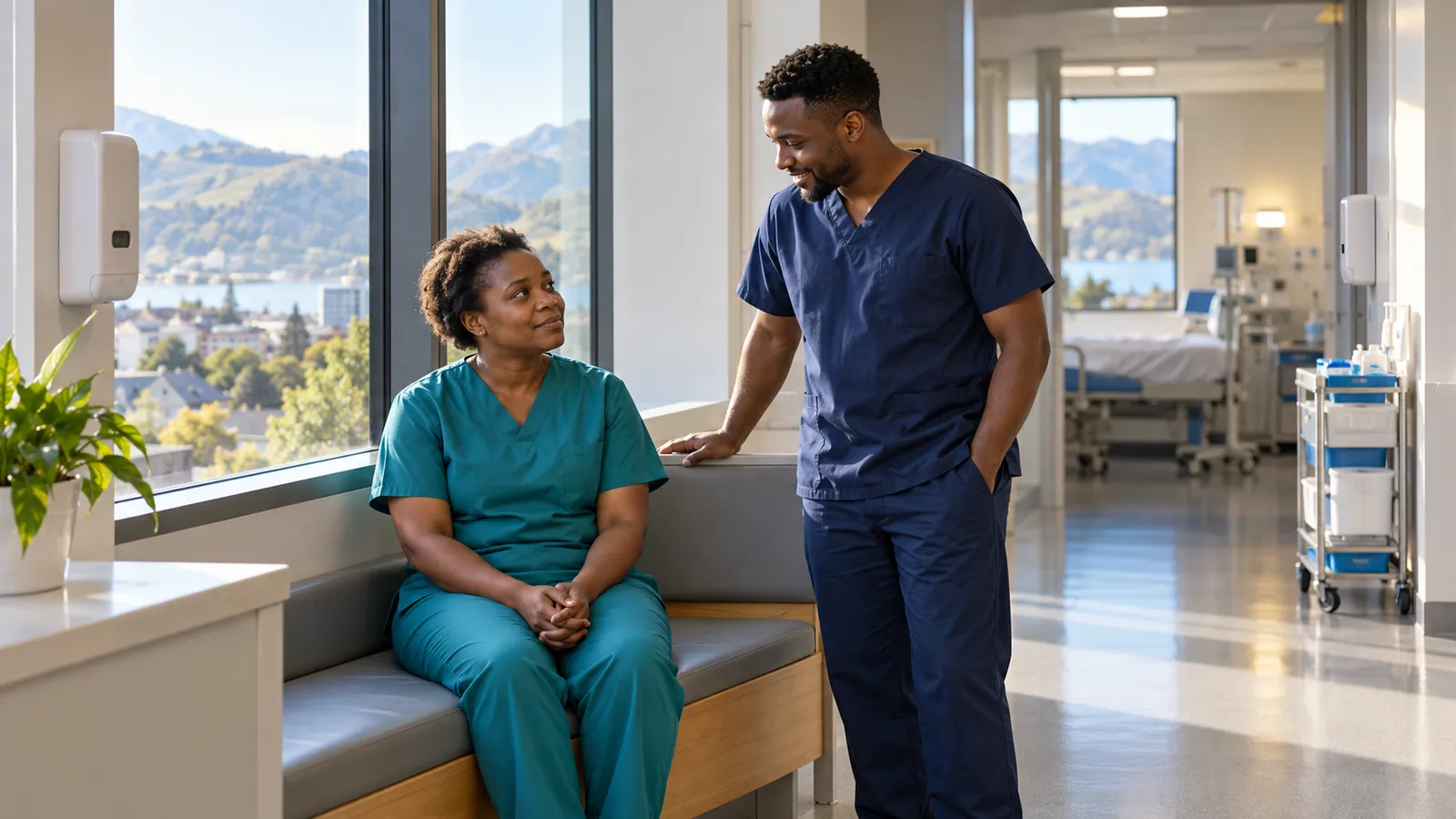 Two nurses share a quiet, supportive moment beside sunlit windows in a New Zealand hospital.