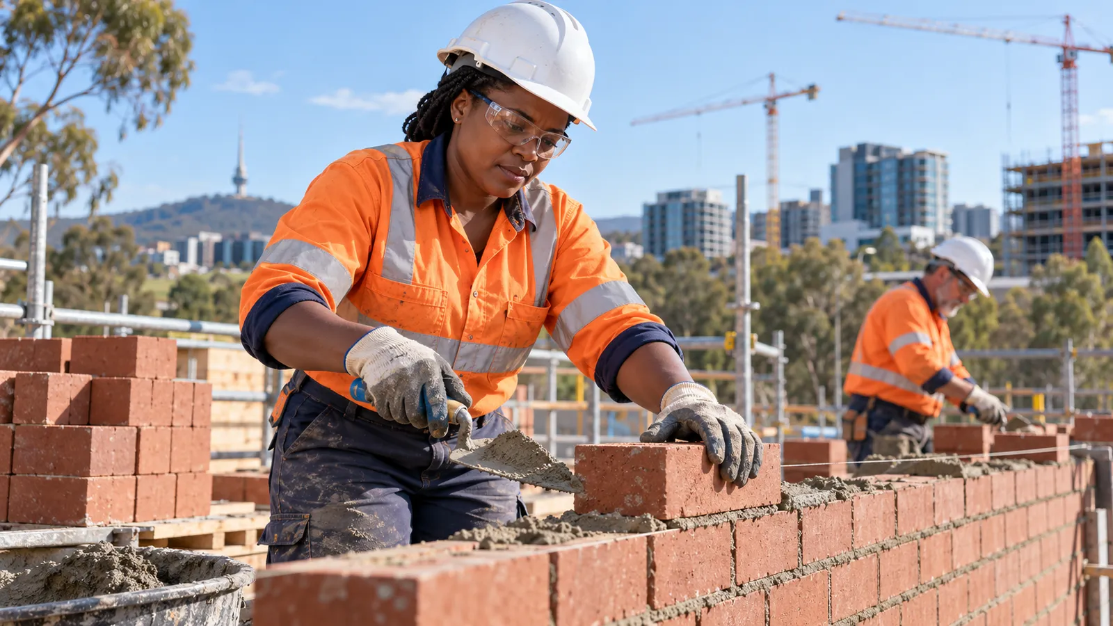 A Tanzanian woman in safety gear lays bricks at a sunny Canberra construction site, with cranes behind her.