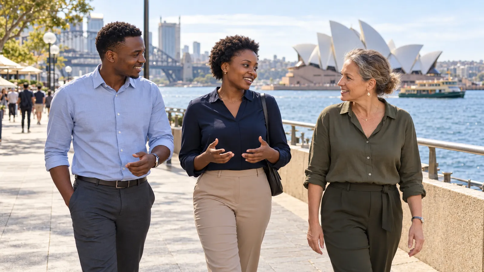 Three colleagues walk and chat beside Sydney Harbour, with the Opera House in the background.