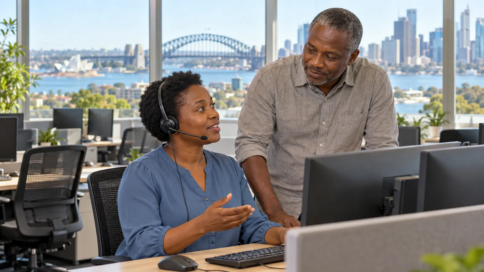 A headset-wearing woman talks with a colleague in a sunlit customer care office overlooking Sydney Harbour.