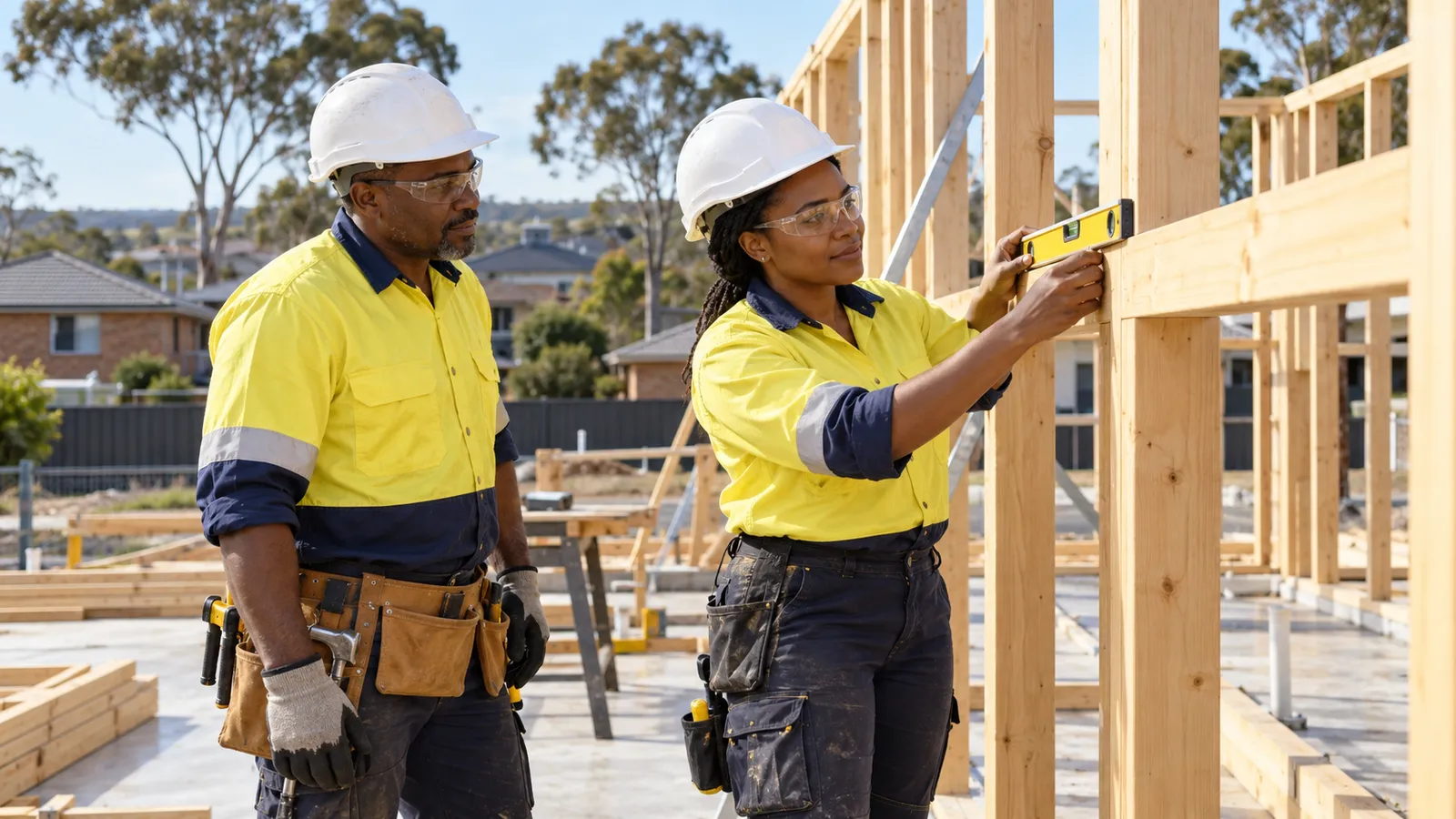 Two tradespeople in safety gear check timber framing with a spirit level at an Australian home construction site.