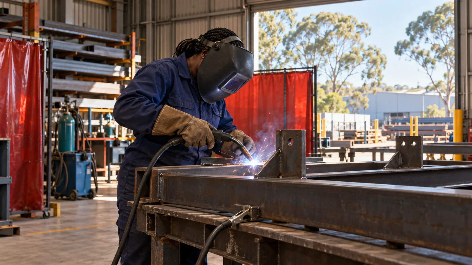 A woman in protective gear welds a steel frame in a sunlit fabrication workshop.