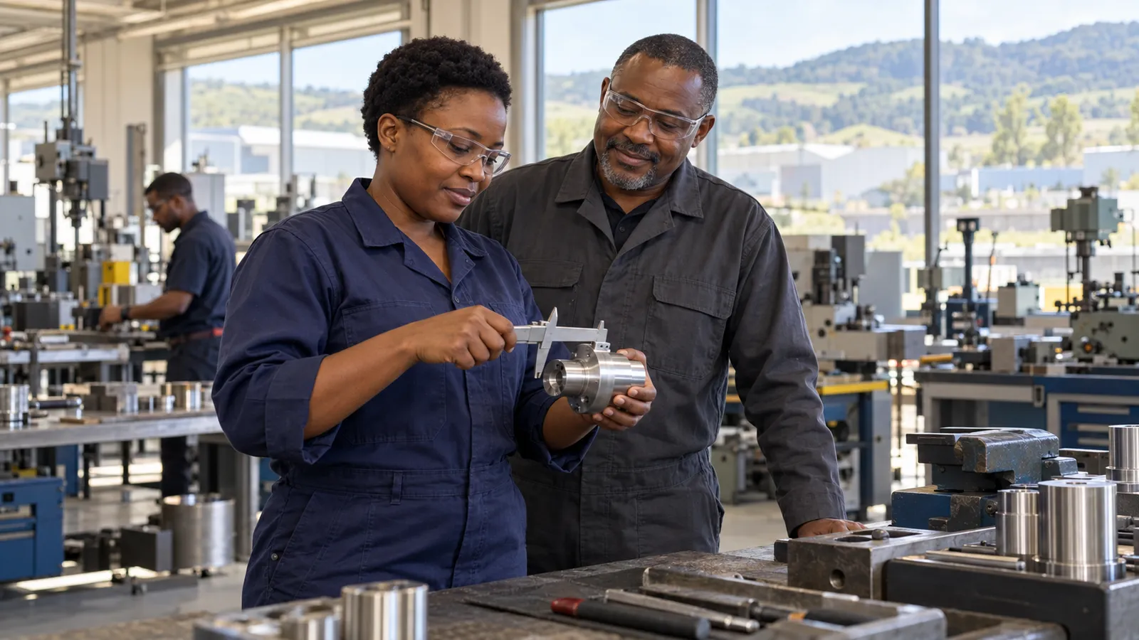 Two Tanzanian technicians inspect a metal component in a sunlit New Zealand workshop.