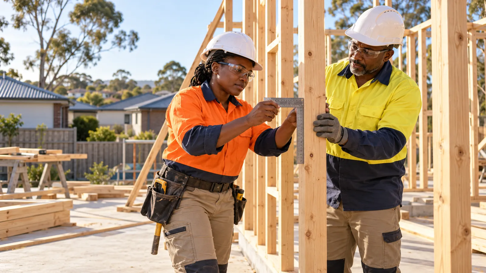 Two Tanzanian tradespeople check timber framing at a sunlit Australian housing construction site.