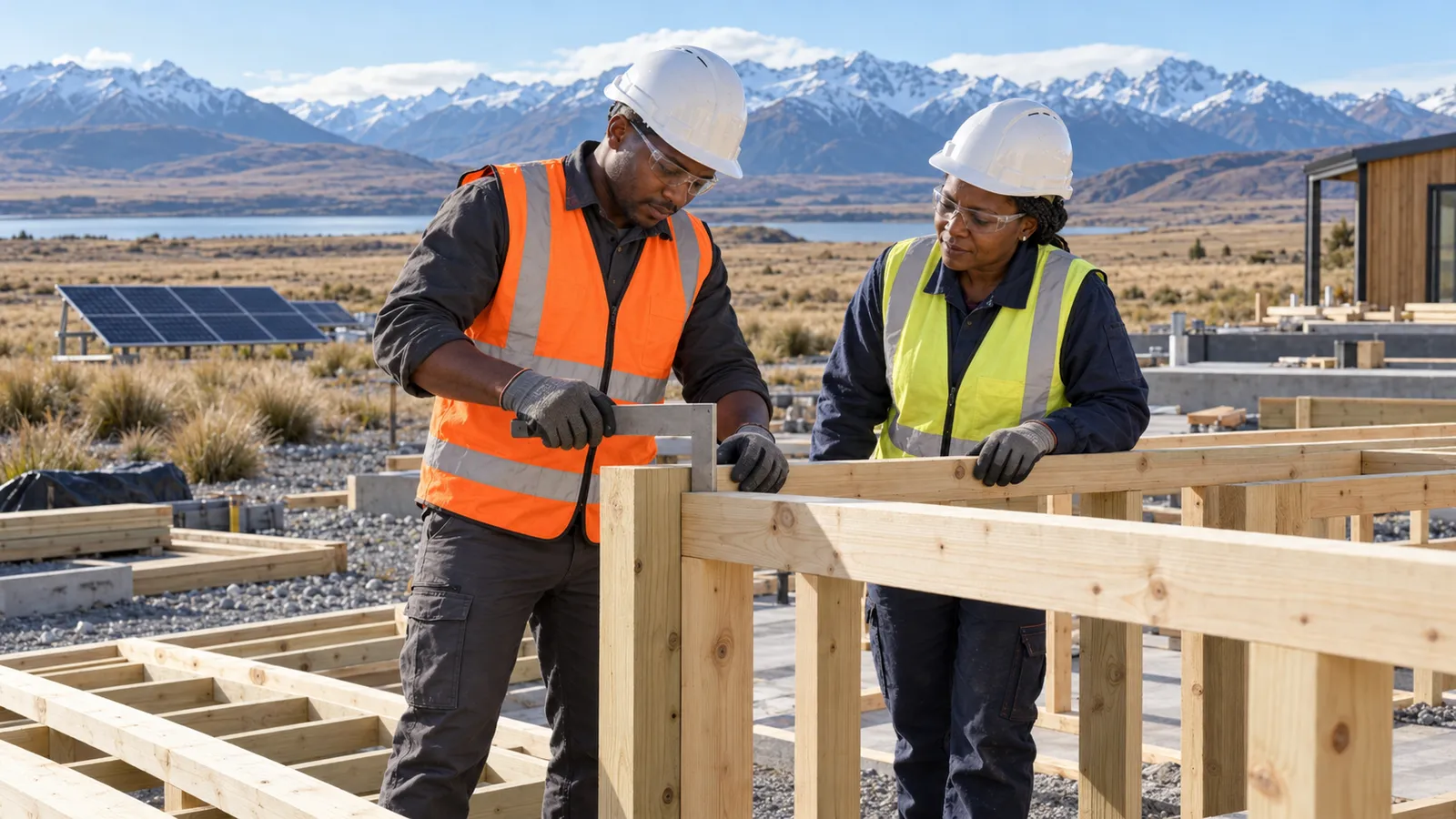 Two Tanzanian tradespeople check timber framing at a rural New Zealand site beneath snowcapped mountains.