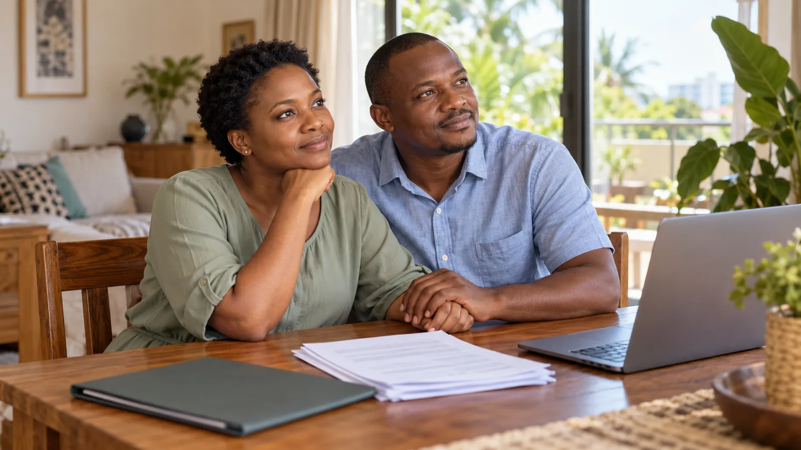 A Tanzanian couple holds hands at a sunlit dining table with application papers and an open laptop.