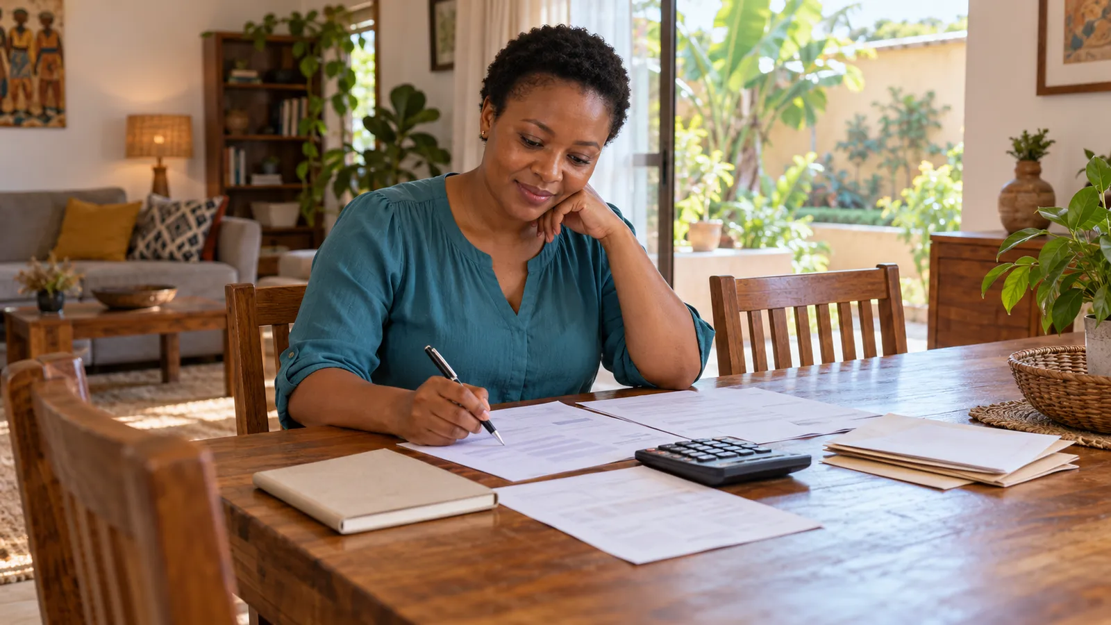 A Tanzanian woman reviews papers with a calculator at a wooden table in her sunlit home.