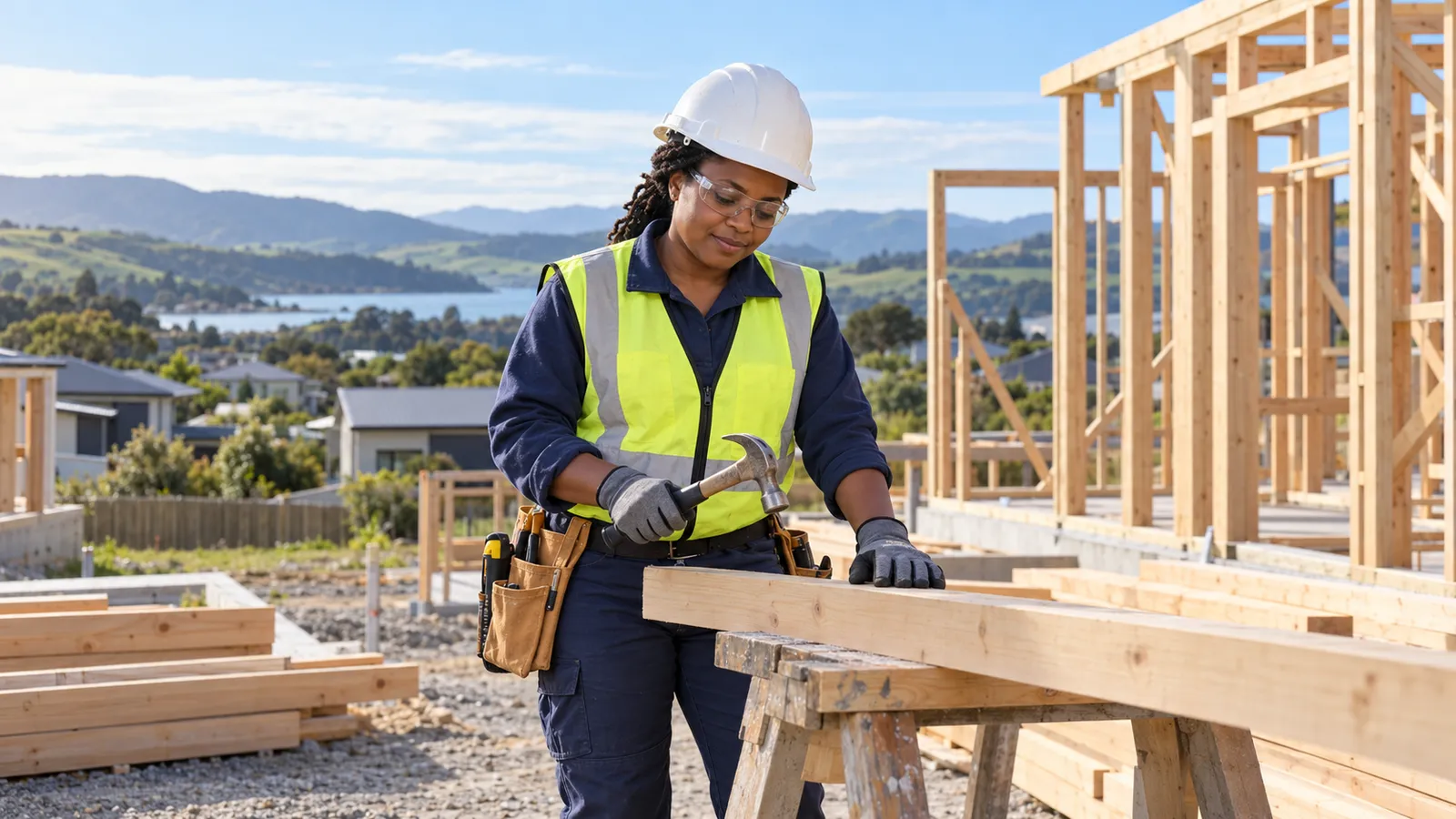 A Tanzanian carpenter works with timber at a New Zealand building site overlooking green hills and water.