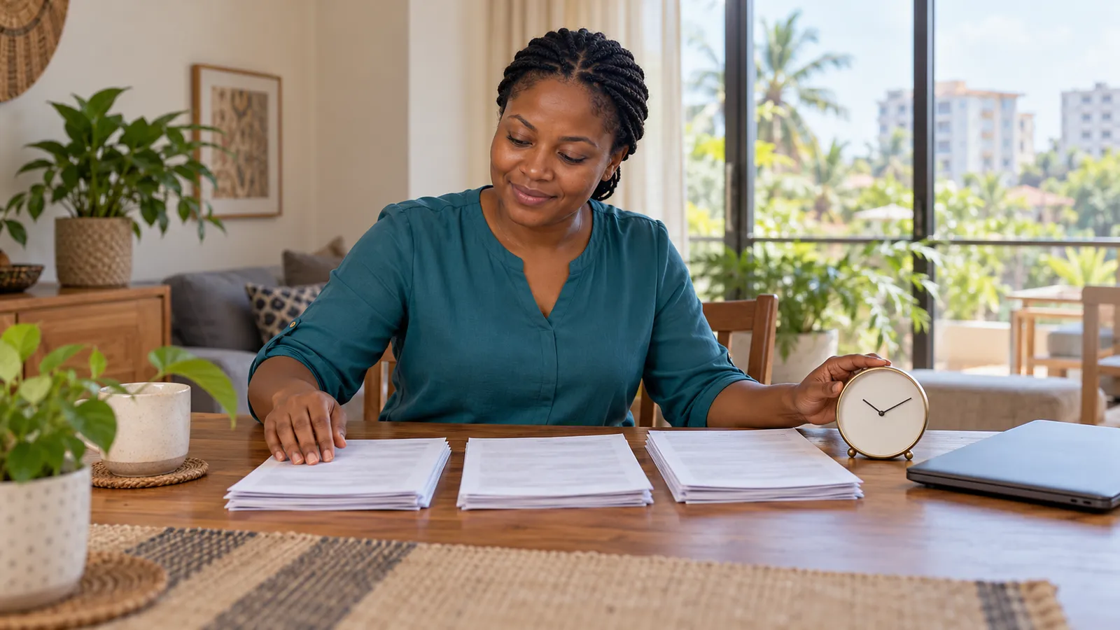 A Tanzanian woman organizes paperwork beside a clock and closed laptop at a sunlit table in her home.