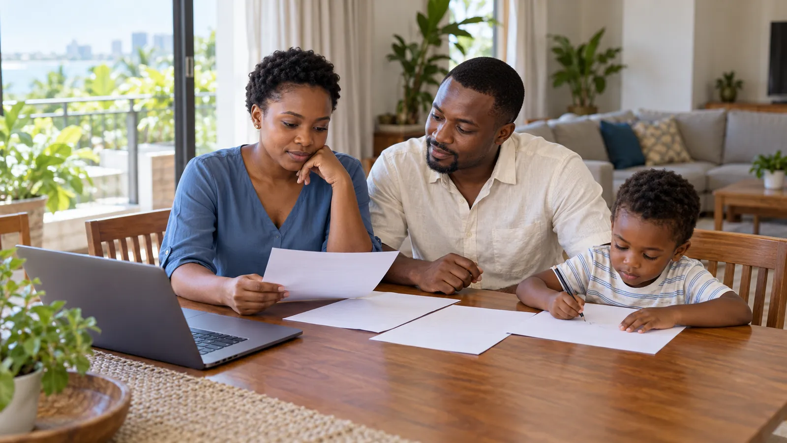 A Tanzanian couple reviews papers beside a laptop at home while their child draws at the table.