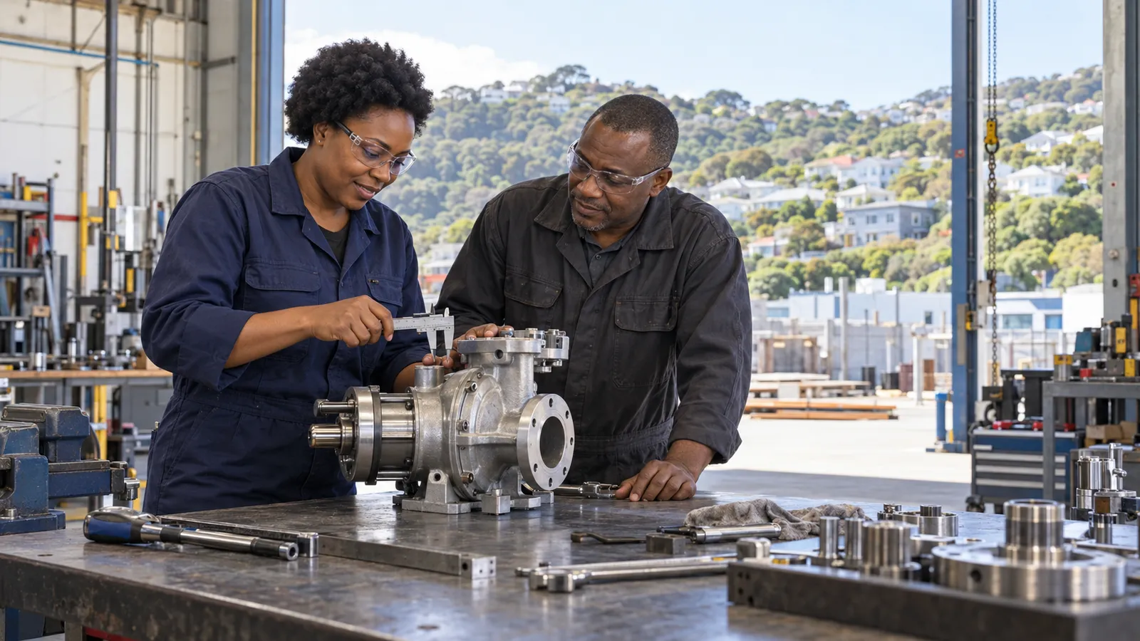 Two Tanzanian workers inspect a metal pump at a sunlit New Zealand workshop overlooking green hills.