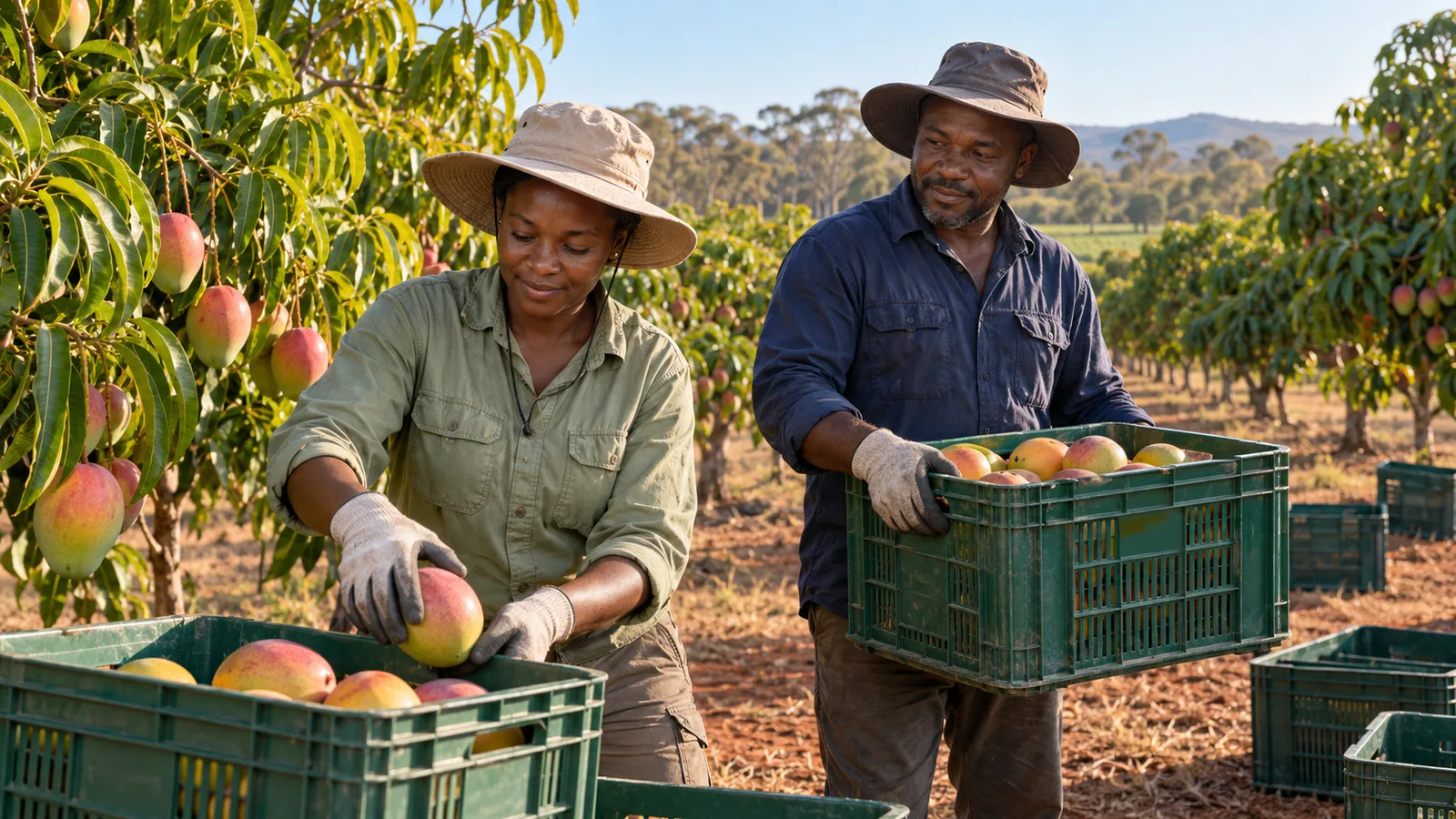 Two farm workers in sun hats gather ripe mangoes into green crates in a sunlit Australian orchard.