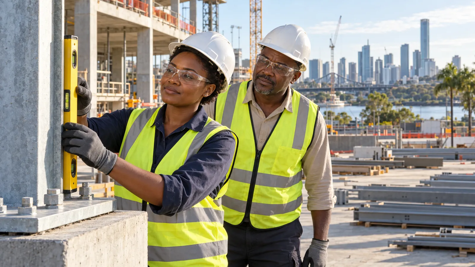 Two Tanzanian construction professionals check a steel column with a spirit level at a sunlit Brisbane worksite.