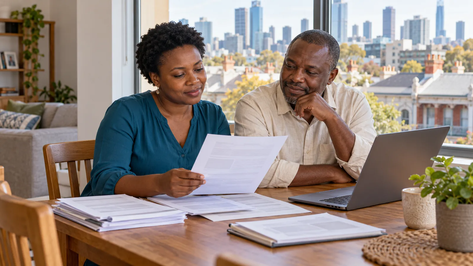 A Tanzanian couple reviews paperwork beside a laptop in a sunlit apartment overlooking Melbourne.