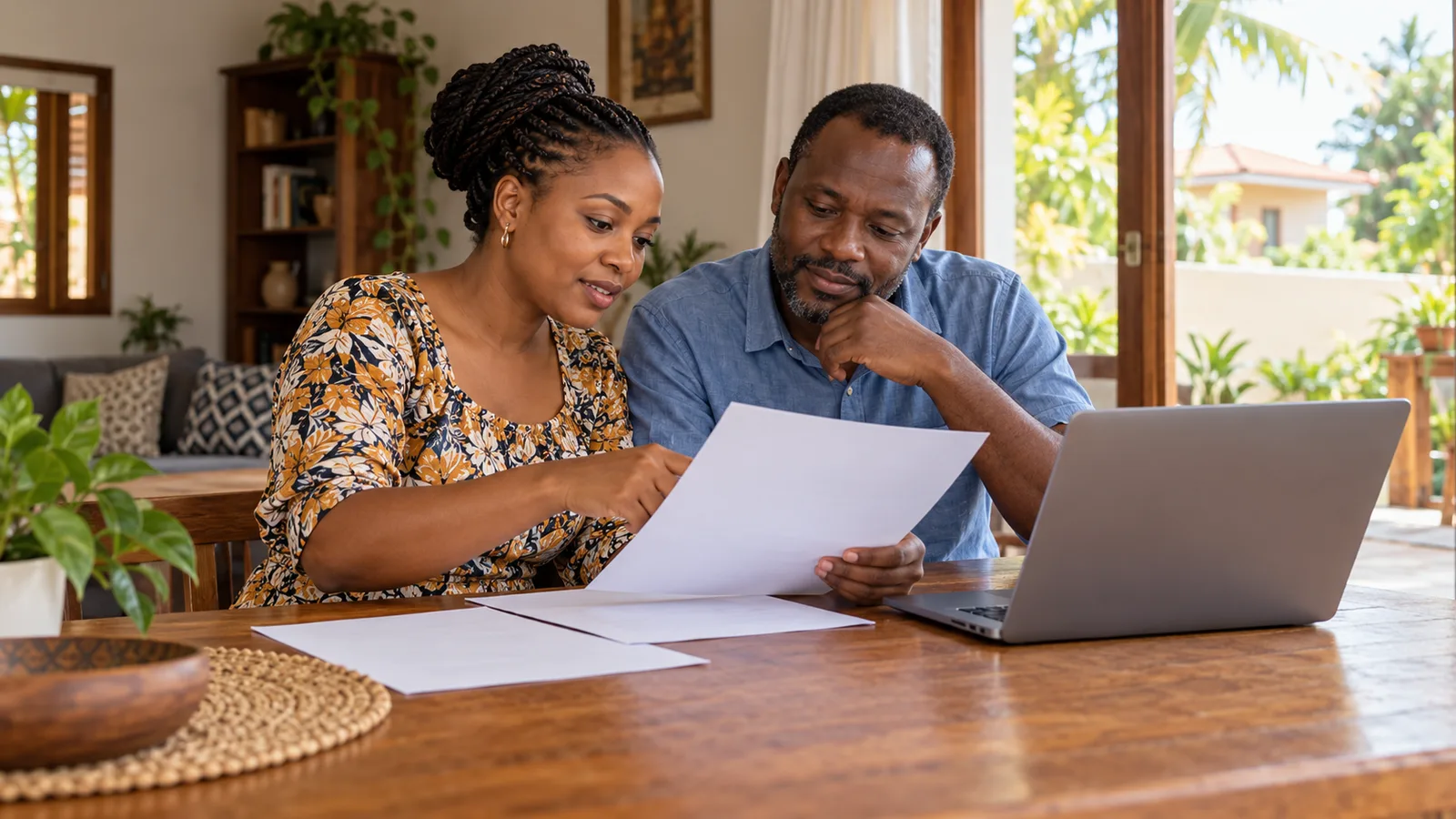 Two Tanzanian adults review papers beside a laptop at home as they prepare for Australian job applications.