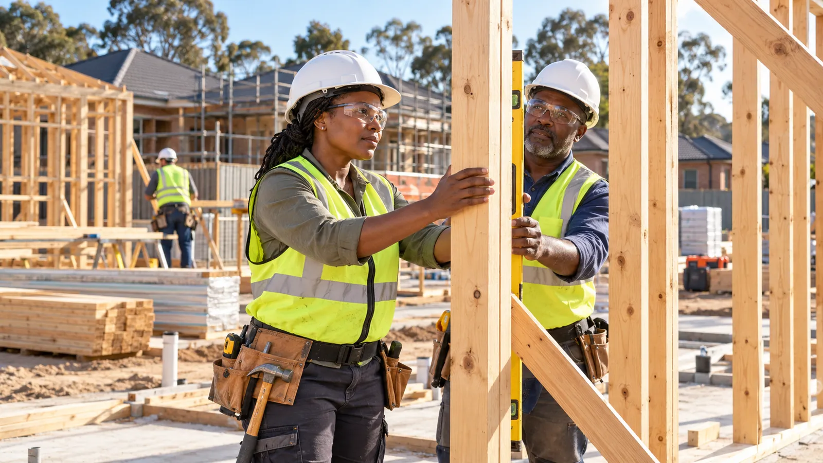 Two construction workers in safety gear align a timber wall frame at a sunlit Australian housing site.