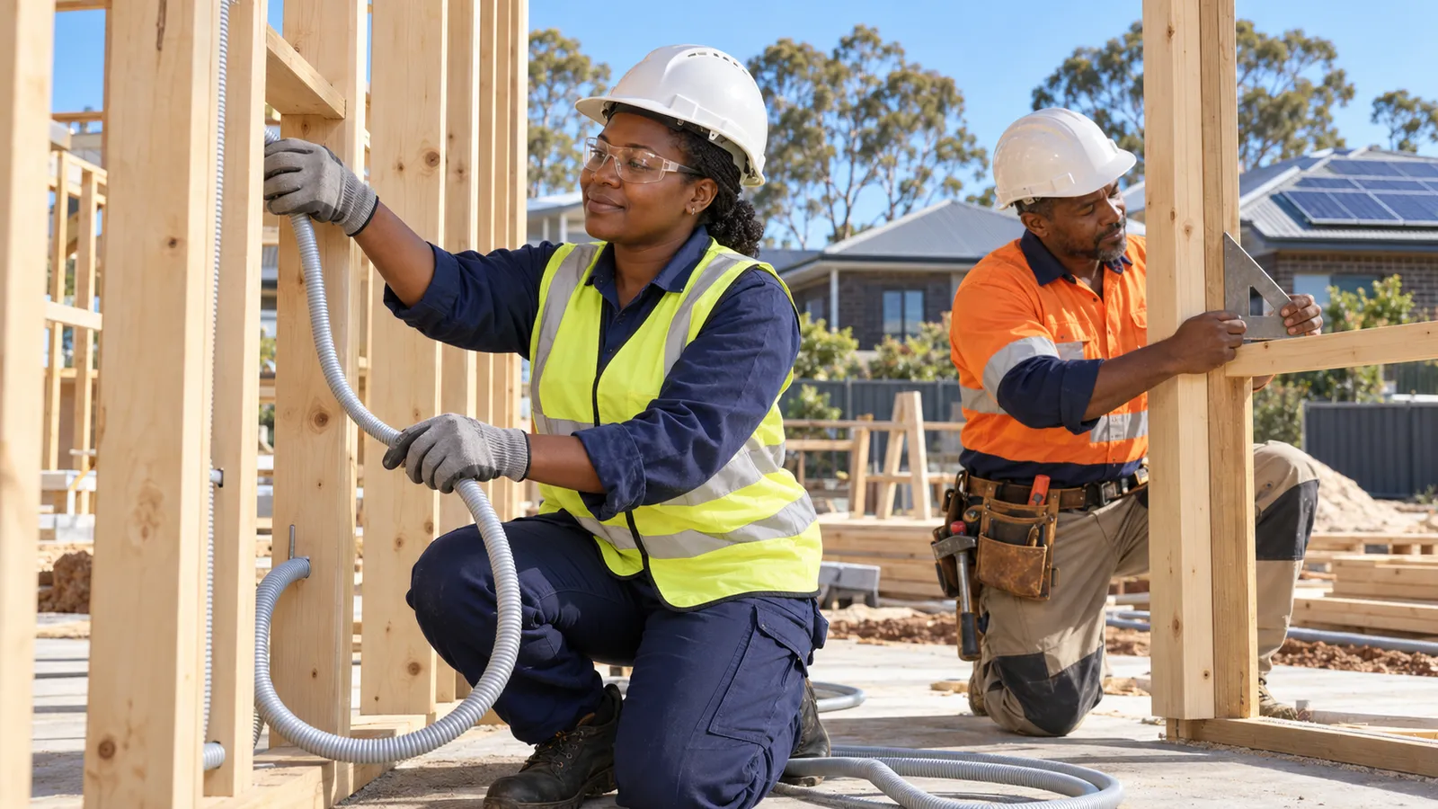 A woman electrician and a male carpenter work on timber framing at a sunny Australian housing site.