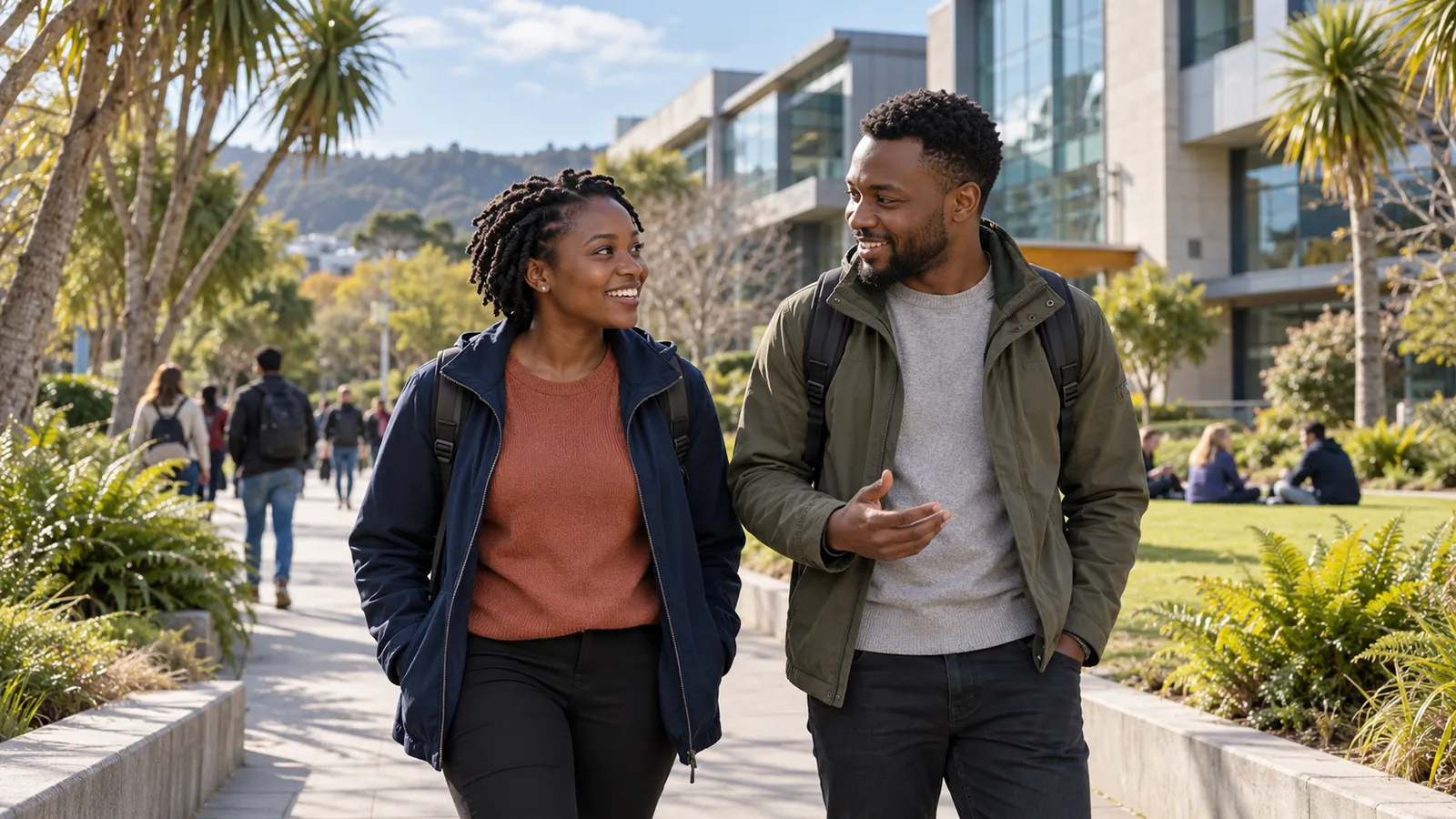 Two Tanzanian students with backpacks walk and chat on a sunlit New Zealand university campus.
