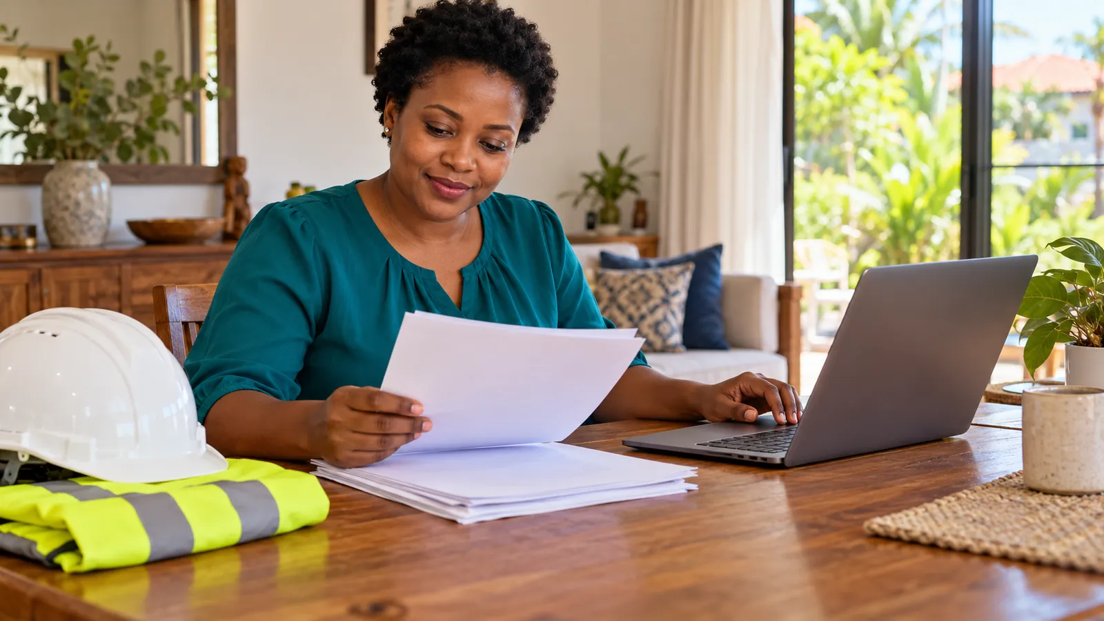 A Tanzanian woman reviews papers at home beside a laptop, white hard hat and folded safety vest.