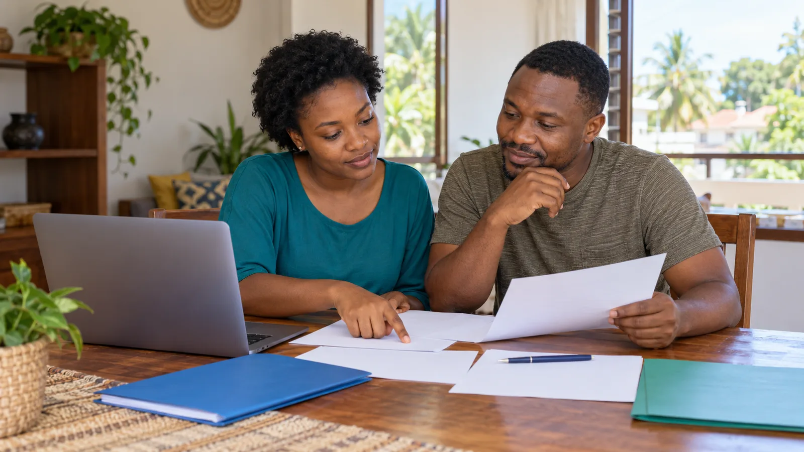 A Tanzanian woman and man review study application papers beside a laptop at home in Dar es Salaam.
