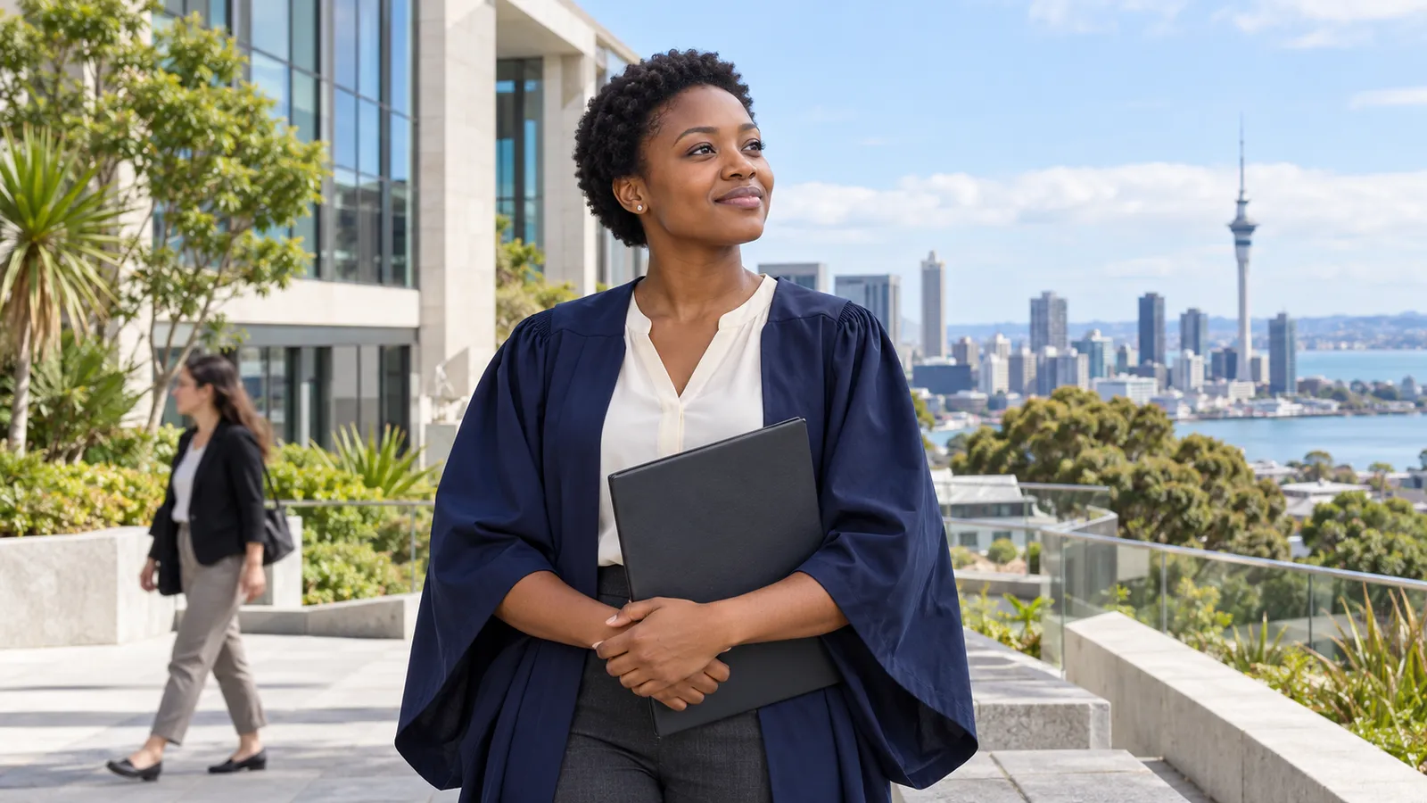 A Tanzanian graduate in a navy gown holds a folder on a sunny terrace overlooking Auckland’s skyline.