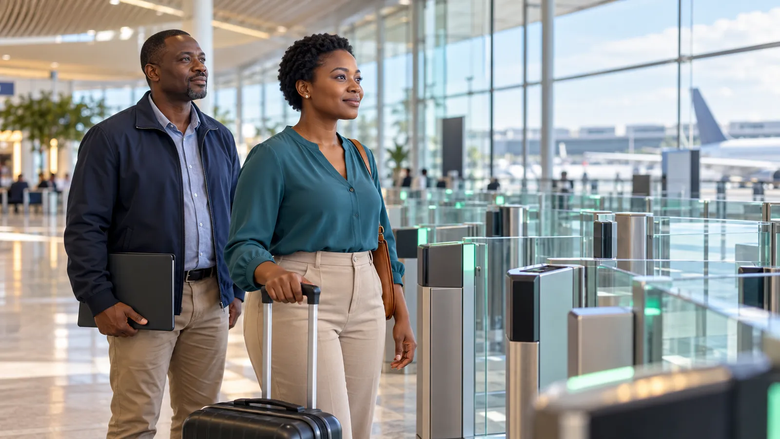 Two Tanzanian travelers stand with luggage beside glass immigration gates in a sunlit airport terminal.