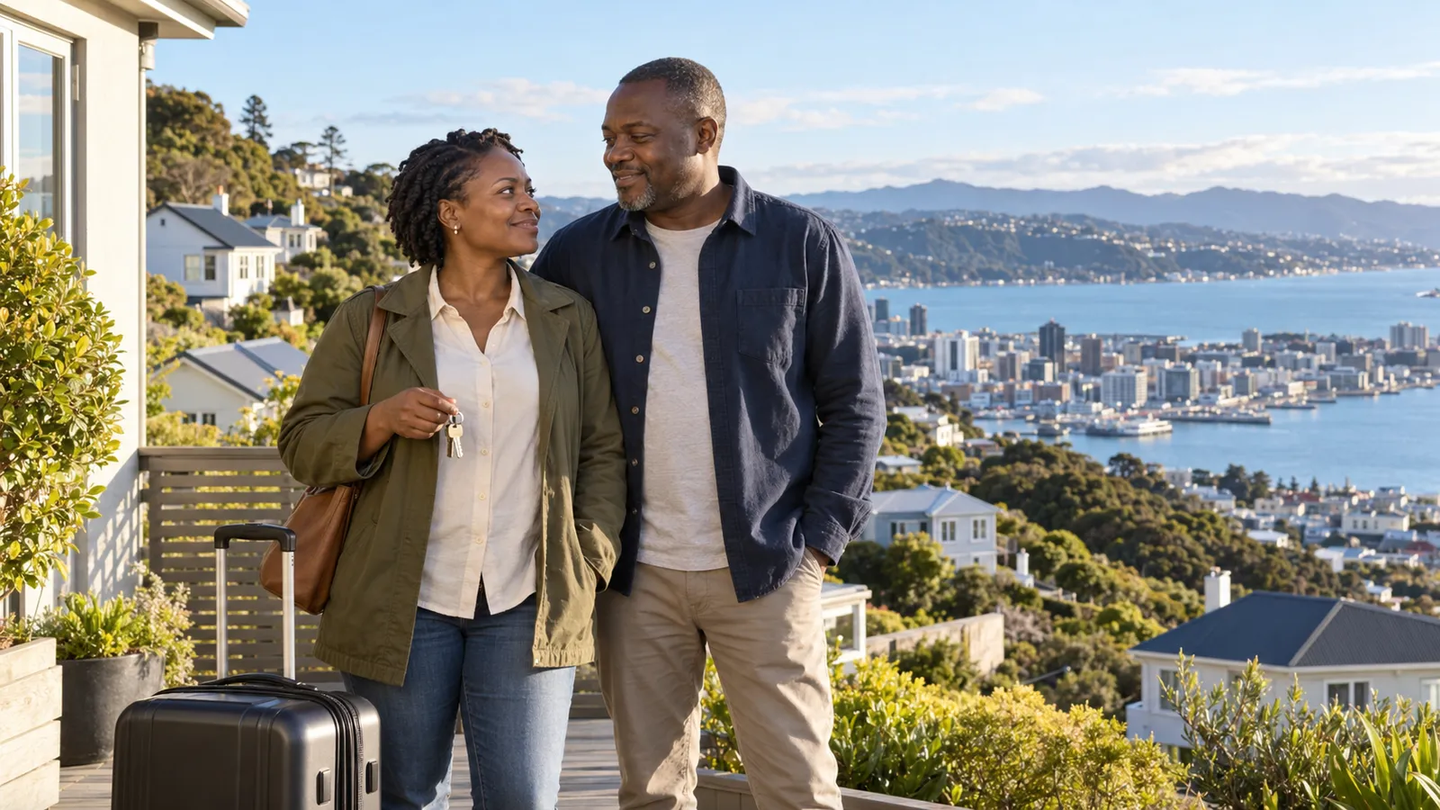 A couple with house keys and a suitcase share a smile outside a hillside home overlooking Wellington Harbour.